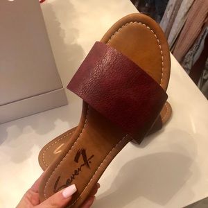 Burgundy leather flip flops